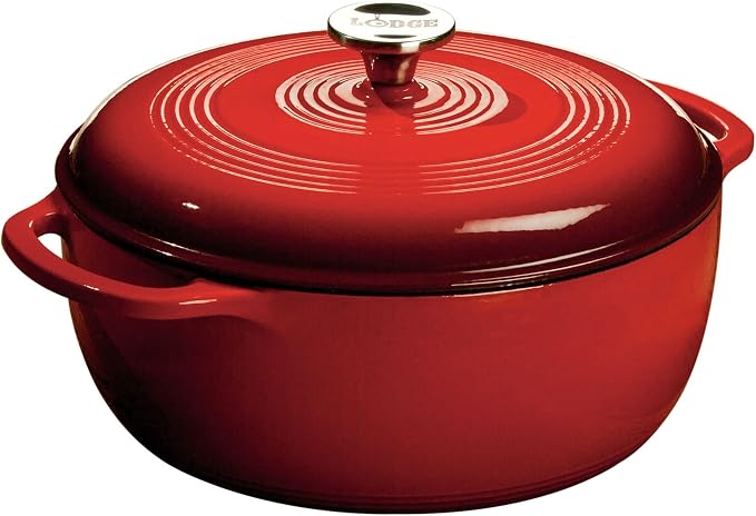 Lodge Essential Enamel Cast Iron Dutch Oven 6 Quarts - Perfect for Bread Baking, Braising, Marinating & Slow Cooking, Features Moisture-Sealing Lid & Dual Handles, Kitchen Essentials, Island Spice Red