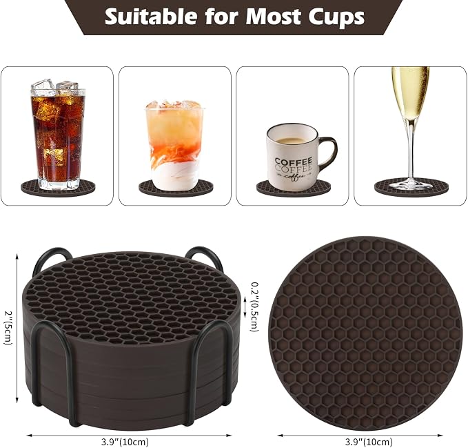 TWTLi Silicone Coasters Set of 8 with Holder — Non-Slip Drink Coasters for Coffee Table, Home Bar & Kitchen, Protects Wood & Marble Surfaces from Water Rings, Dishwasher Safe (Coffee)