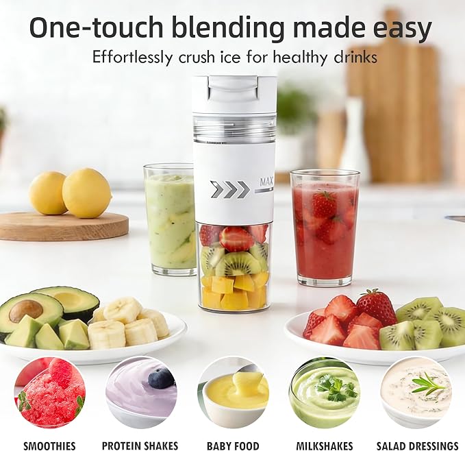 Portable Blender, Cordless, 24oz Personal Blender for Smoothies and Shakes – BPA-Free, USB-C Rechargeable, Dishwasher-Safe Parts, Leak-Proof Lid & Small Clear Cup Included, Holiday Gift Idea