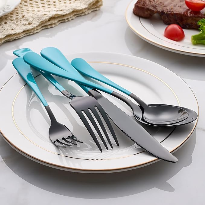 20-Piece Lake Blue Silverware Set 18/0 Stainless Steel Black Silverware Set Lake Blue Handle Cutlery Black Set Service for 4 Dinner Knives Forks Spoons Flatware Set Dishwasher Safe