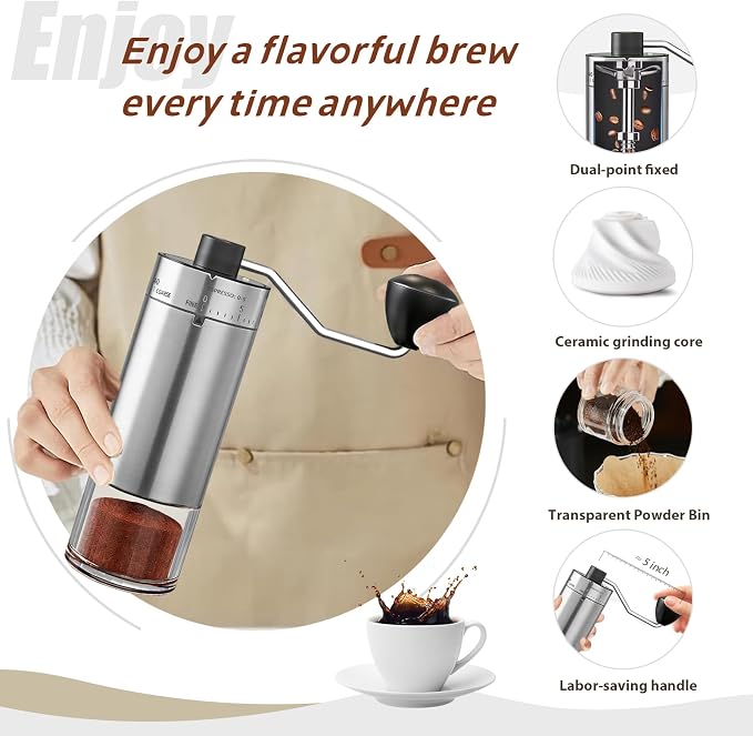 Manual Coffee Grinder, 40 External Settings, Ceramic Burr | Stainless steel portable coffee mill for espresso, pour over, French press and travel