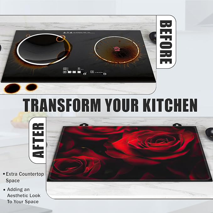 Stove Top Covers for Electric Stove,Red Rose Flower Flat Top Stove Cover,Retro Floral Heat Resistant Glass Top Stove Cover Protector Anti-Slip Range Covers, 28 x 20 Inch