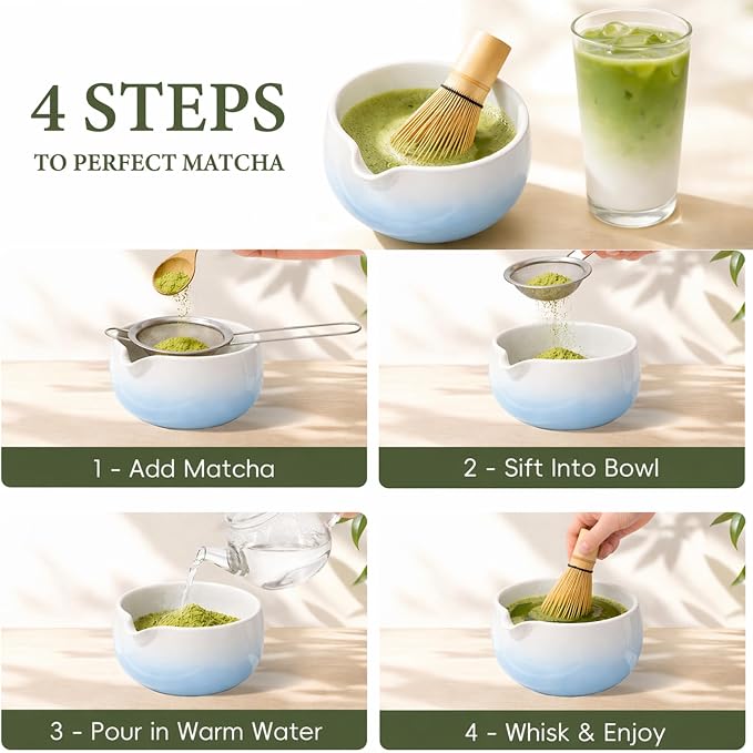 Matcha Whisk Set, Ceramic Matcha Set Includes Bowl & Holder, Bamboo Whisk (Chasen), Scoop, Spoon and Sifter, 6Pcs Matcha Kit Covers Everything Needed for Making Matcha (Blue)