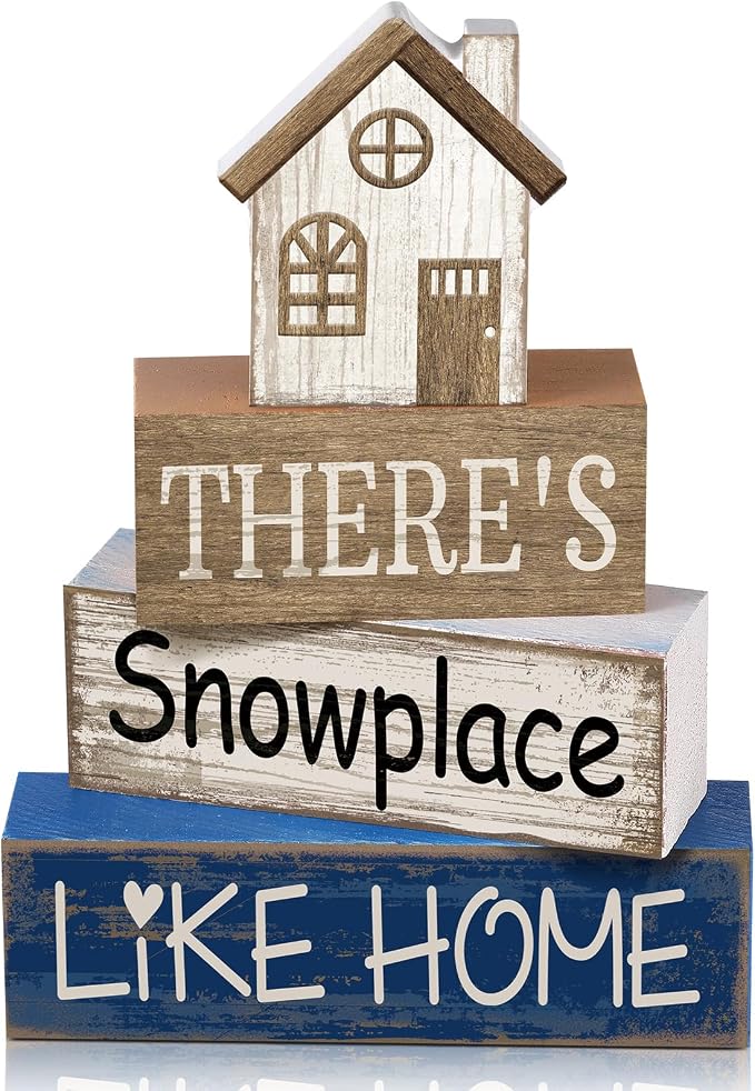 Lineshading 4 Pcs Wood Block Signs Farmhouse Tiered Tray Stacked House | Rustic Tabletop Signs with Winter Sentiment, Stackable for Shelf or Mantel, Seasonal Home Accent, Distressed Finish