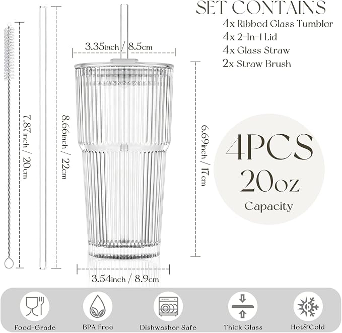 KEMORELA 20oz Ribbed glass cups with lids and straws, Iced Coffee Cups | Reusable thick-wall glass, Leak-Proof Lids, Fits Most Car Cup Holders, For Iced Coffee and Cold Drinks, With Cleaning Brush