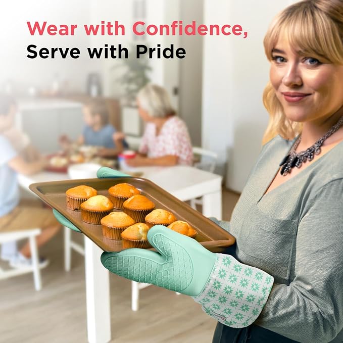 Kitchen Mama UltraShield Silicone Oven Mitts, Gem-Teal | Heat Resistant, Non-Slip Surface, Waterproof, Flexible, Durable