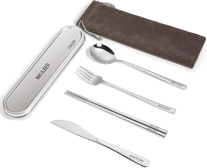 INKULEER Travel Cutlery Set - 18/8 Stainless Steel Reusable Utensils with Metal Case, Portable Silverware for Camping, Office, Travel & Outdoor Dining