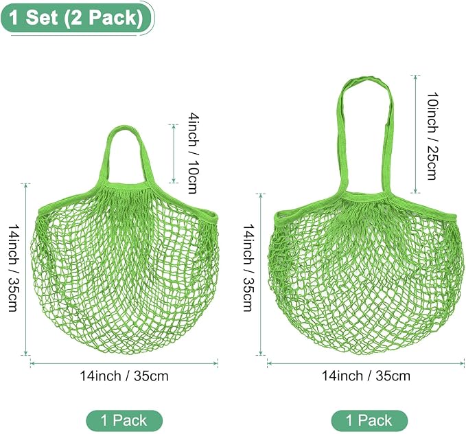 M METERXITY 2-Pack Cotton Mesh Bag, Reusable Washable Mesh Net String Grocery Bags, Reusable Produce Bags with Handle, Net Tote Bag for Fruits/Vegetables Shopping [Green, Long&Short Handle]