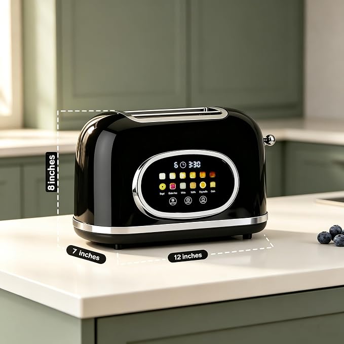 Roter Mond Smart 2 Slice Toaster, Touchscreen, Bagel Defrost, Retro Black | Retro stainless steel, digital timer & sleep mode, 6 bread types & shades, defrost/reheat/cancel,even toasting wide slots