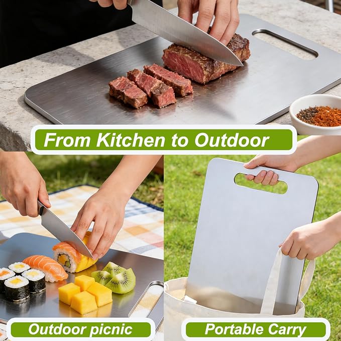 Large Stainless Steel Cutting Board 18"x13", 1.5mm Thick Heavy Duty Large Rectangular Kitchen Board with Handle, Double Sided for Meat Vegetable Fruit
