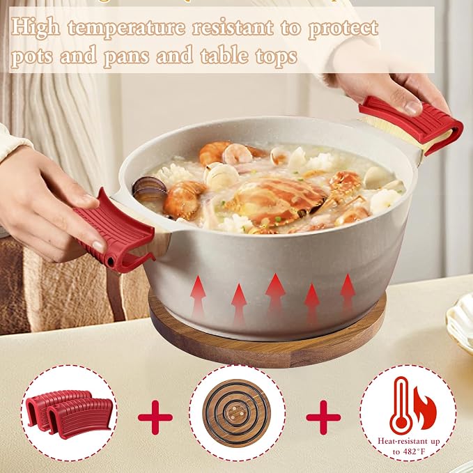 2Pcs Magnetic Wooden Trivets for Hot Pots & Pans, Heat Resistant Acacia Wood Trivets with 2 Silicone Pan Handle Covers&4 Cast Iron Handle Sleeve for Dutch Ovens Hot Pots&Pans Cast Iron Skillet