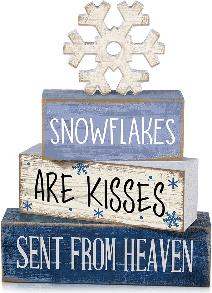 Lineshading 4 Pcs Wooden Snowflake Signs Farmhouse Tiered Tray Decor | Rustic Wooden Blocks for Tabletop or Mantel, Winter Home Decorations, Gift Set for Tiered Tray Filler