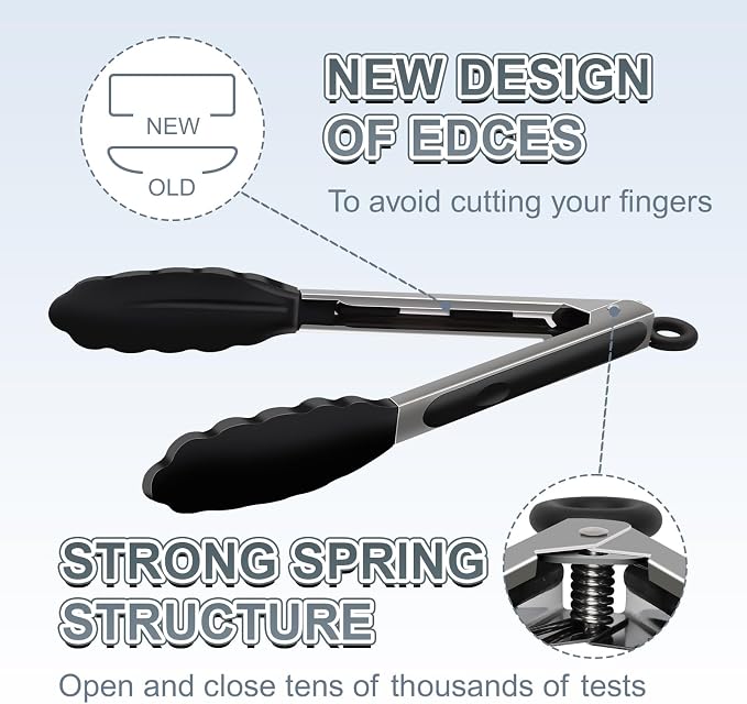 2 Pack Black Premium Stainless Steel Heat Resistant Kitchen Tongs for cooking,set of 9" and 12",Non Scratch Silicone cooking Tong Tip for Cooking Pans,Strong Grip BBQ tongs for Grabbing Hot Food