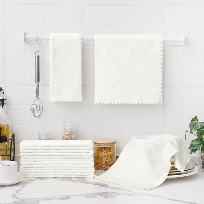 Homaxy 12 Pack Super Soft Absorbent Dish Towels, 10" x 20", White | Coral Velvet, Nonstick Oil Fast Drying Microfiber Cleaning Cloth, No Lint Dishcloths for washing and drying