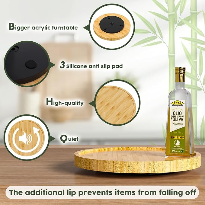 Lazy Susan Organizer, 10 Inch Non-Skid Bamboo Turntable Organizer | Salt Pepper Olive Oil and Spices Next to Stove, Wooden Lazy Susan for Table or Kitchen Countertop Organizer