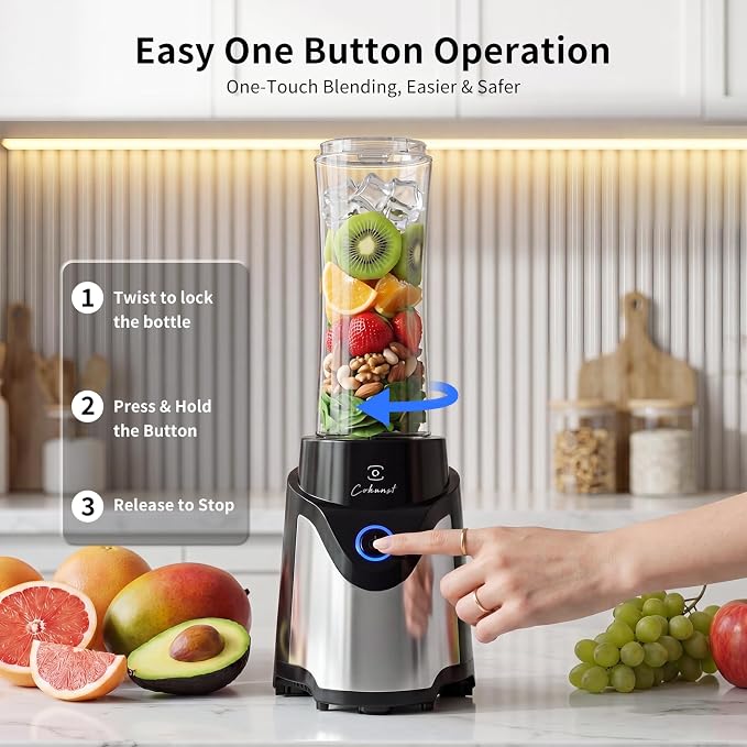 COKUNST Smoothie Blender, Personal Blender with 2 To-Go Cups & Lids, Black | 25,000 RPM Powerful Motor, Blender and Grinder Combo, One-Button Pulse, BPA Free, Compact Size, for Kitchen, Frozen Drinks