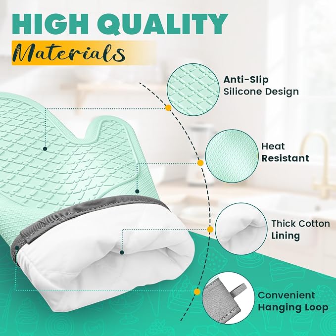 Silicone Oven Mitts (2 PCS), Waterproof Non Slip Grip Oven Gloves with Thick Soft Cotton Lining, Universal Fit Heat Resistant Kitchen Gloves for Baking, BBQ, Cooking and Grilling-Green