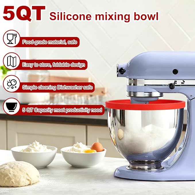 Silicone Bowl Liners Compatible with KitchenAid 4.5 & 5 Qt Tilt-Head Stand Mixer, 2 Pack Bowl Inserts with Lids, Food-Grade BPA-Free Nonstick Reusable Mixer Bowl Liners
