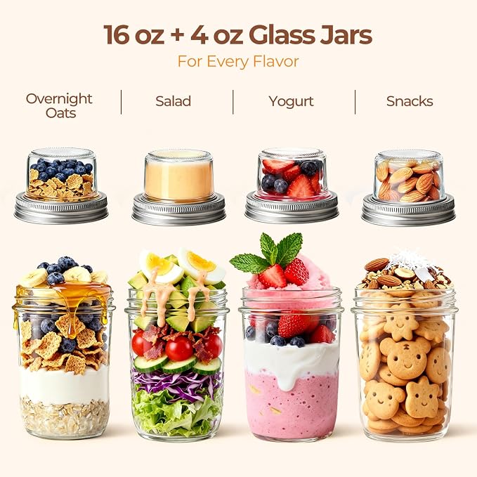 ComSaf Overnight Oats Containers with Lids, 16 oz Glass Mason Jars, 2 Pack | Dual-Layer Design, Yogurt Parfaits, Chia Pudding, Cereal, Fruit and Nuts, Reusable Breakfast Prep