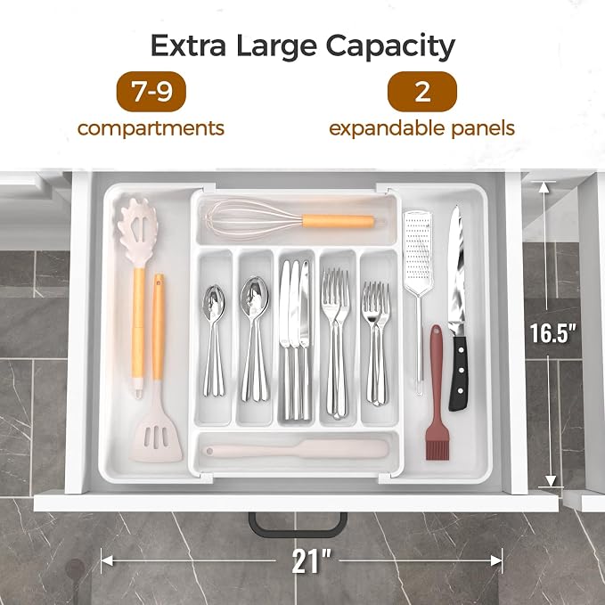 ukeetap Extra Large Expandable Silverware Organizer, Flatware Tray,White | BPA-Free Food-Safe Kitchen Utensil Cutlery Drawer Organizer, Adjustable Silverware Holder for Spoons Forks Knives