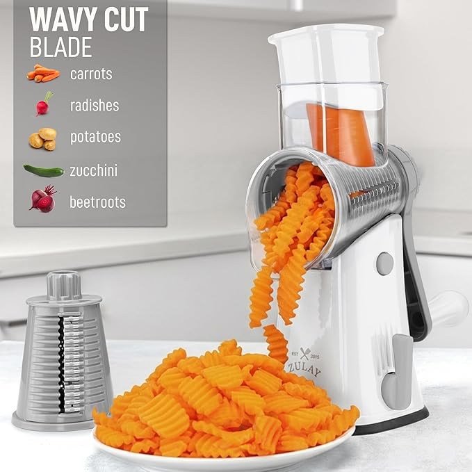 Zulay Kitchen Rotary Cheese Grater 5 Blade Cheese Shredder - Manual Hand Crank Cheese Grater With Reinforced Suction & 5 Interchangeable Drums - Easy to Use, Vegetable Chopper Round Mandoline Slicer