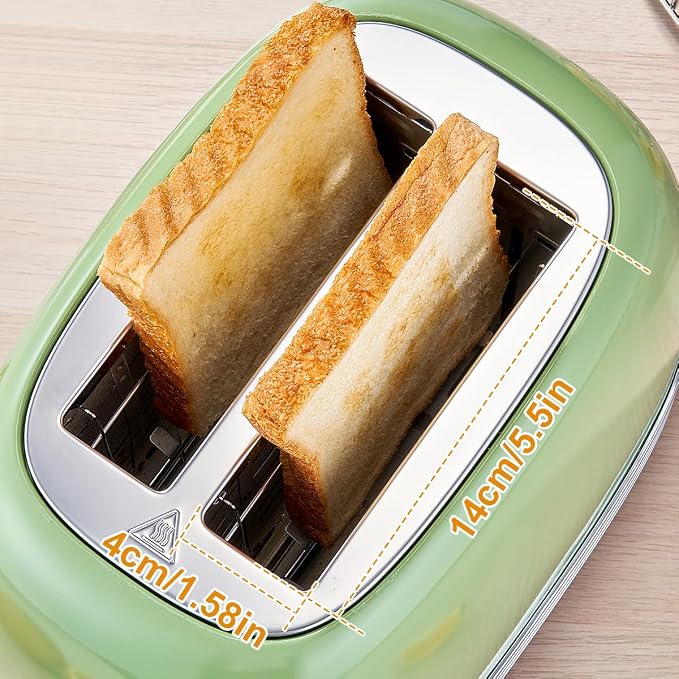 Wiltal Green Cute Retro Toaster 2 Slice with 1.58" Wide Slots, with Stainless Steel Lid, with Warming Rack, Preheat, Defrost, Countdown Timer Display