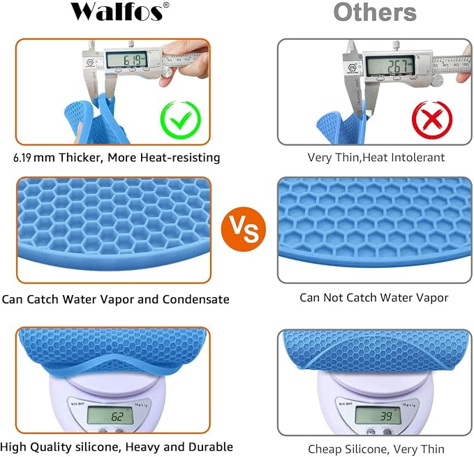 Silicone Trivet Mats - Walfos Heat Resistant Pot Holders Set, 4pcs 2 Sizes 7 Inch & 9 Inch, Multipurpose Non-Slip Hot Pads for Hot Pot, Hot Dishers, Jar Opener, Food Grade & BPA Free (Nordic Blue)