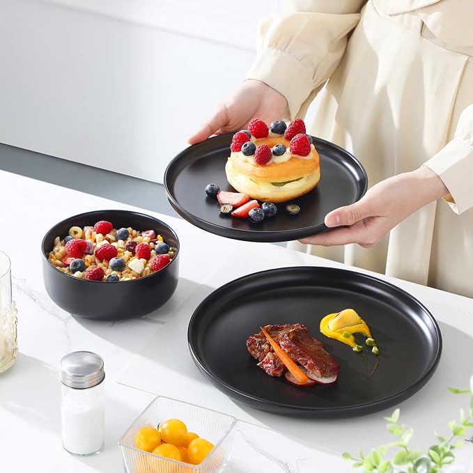 MALACASA 12 Pcs Porcelain Plates and Bowls Sets,Dinnerware Set for 4,Black | Modern Ceramic Dishware Set,Kitchen Dining Ware,Microwave and Dishwasher Safe,Simple Matt Black Design,Series LUNA