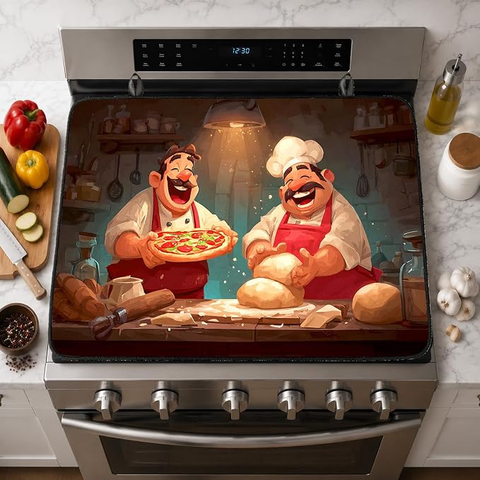 Electric Stove Top Cover for Glass Top, Funny Chef Pie Decor – Heat Resistant Flat Stove Top Covers, Decorative Scratch Protector Mat for Glass Ceramic Cooktop, Non-Slip, 28"x20"