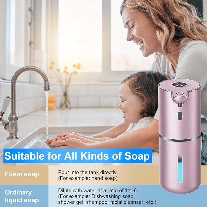 OHIFAST Automatic Foaming Soap Dispenser Touchless, USB Rechargeable Smart Hand Soap Dispenser, 6-Level Adjustable, 12.8oz/380mL Wall Mounted for Bathroom Kitchen Dish Soap-Rose Gold
