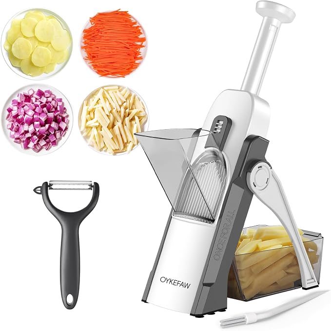 Safe Mandoline Slicer for Kitchen, 5 in 1 Vegetable Food Chopper for Potato | Potato Slicer, French Fry Cutter, Food Chopper, Adjustable Thickness 0.1-8 mm, Fast Meal Prep, with Peeler/Cleaning Brush