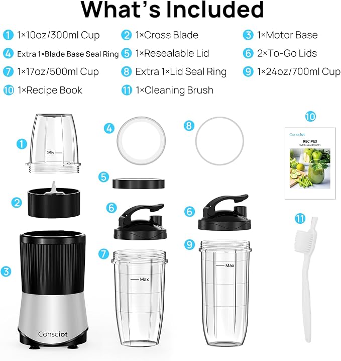 Consciot 11-Piece Blender for Kitchen and Personal Size, 900 Peak Watts | Blend Shakes & Smoothies, Frozen Drinks, Baby Food, Spreads & More, 3 Portable BPA-Free To-Go Cups, 2 Spout-Lids & 1 Flat-Lid