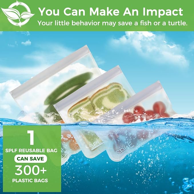SPLF 18 Pack Reusable Food Storage Bags Dishwasher Safe | Extra Thick Reusable Freezer Bags Leakproof Silicone and Plastic Free Lunch Bag- 6 Gallon, 6 Sandwich, 6 Snack