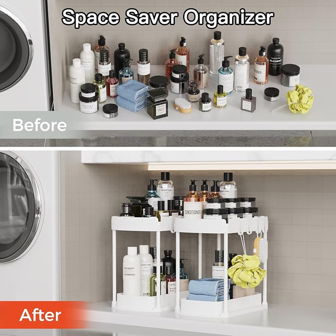 2 Packs Under Sink Pull-Out Storage Organizers, 12.8 Inches, White | Multi-Purpose Cabinet Organizers and Storage for Bathroom & Kitchen