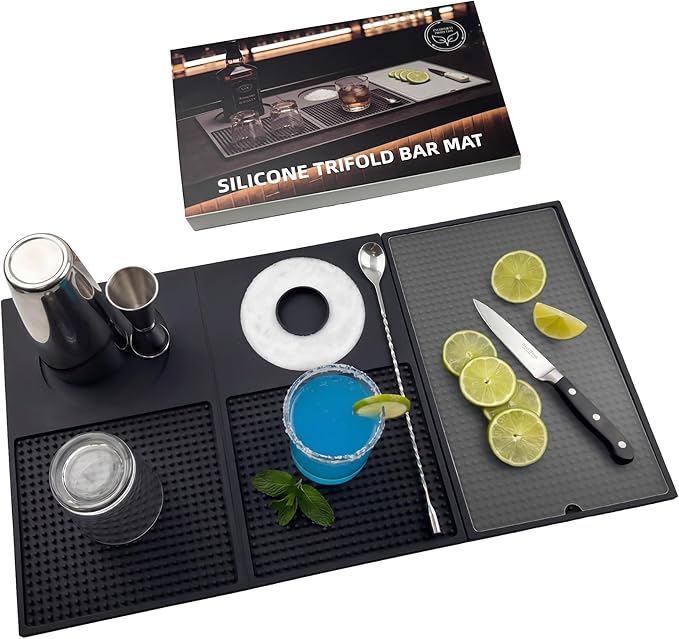 ZJWZLG 22"x12" Trifold Bar Mat with Cutting Board — 3-Zone Bartender Station, Extra Large Silicone Cocktail Mat, Folding Drink Prep Mat for Home Bar, Portable Bartending Accessories, Wipe-Clean(Black)