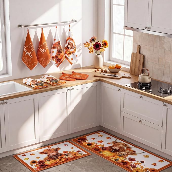 Fourluoo 10 Pcs Fall Highland Cow Kitchen Decor Set | Rugs Towels Oven Mitts and Pot Holders Set, Fall Farmhouse Kitchen Decor Set, for Cooking Baking Grilling Gift
