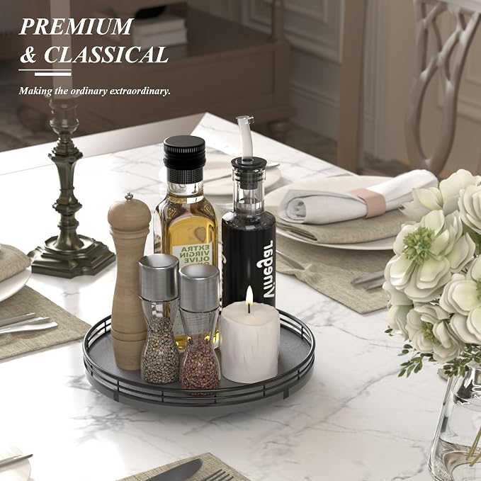 AMH10-Inch Natural Slate Lazy Susan with Black Raised Iron Rim | Smooth rotating oak tray with walnut finish for dining tables, kitchen counters, pantries and cabinet storage.