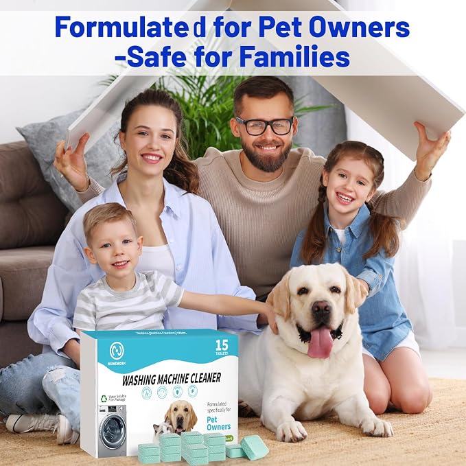 Washing Machine Cleaner Tablets-15 Pack, Formulated for Pet Owners | Compatible with HE, Top & Front Load Washer | Septic Safe | Fresh Scent | Removes Residue | Remove Stubborn Pet Hair,Residue