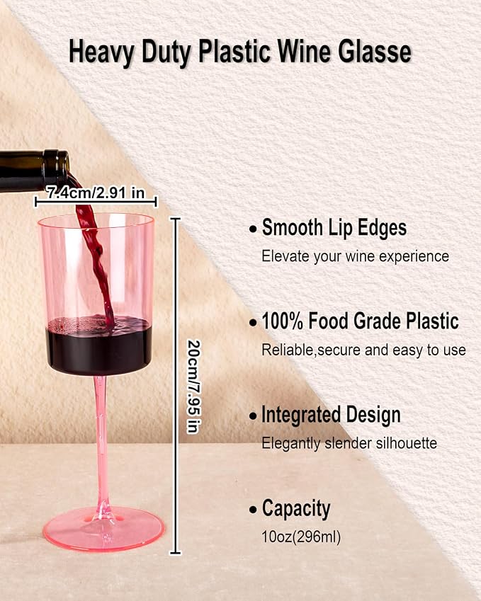 Ciaell 12 Pack Pink Plastic Wine Glasses for Weddings Outdoor Gatherings | 10 oz Pink Stemmed Cups, Heavy Duty Plastic, Wine Champagne Cocktails Mimosas for Parties Birthdays Bars