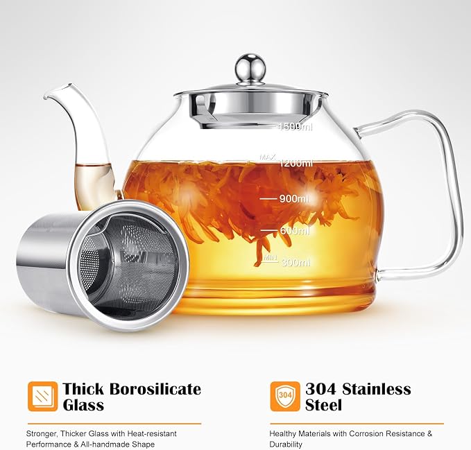 STNTUS Glass Teapot, 52 oz/1500 ml for Loose Tea, Teapot with Infusers for Loose Tea, Stainless Steel Strainer, Tea Pot for Stove