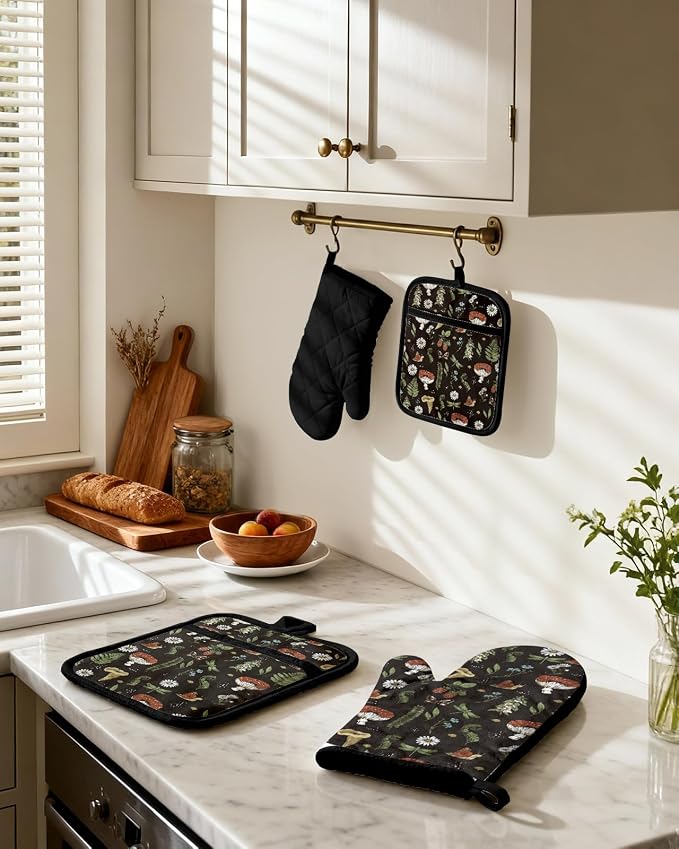 Miss Adola Cotton Oven Mitts and Pot Holders Sets, Forest Charm | Heat-resistant up to 350°F, Pure Cotton, Quilted Contact Surface, Stylish Design, with Hanging Loop, Ready to Gift Package