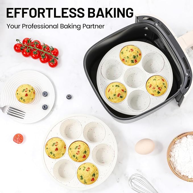 Vinino Silicone Air Fryer Muffin Pan with Reinforced Frame, Egg Bite Mold | 7 Cup Air Fryer Accessories, 2 Pack Silicone Muffin Pans for Oven, Perfect for Egg Bites, Muffins, Tarts, BPA-Free, Cream