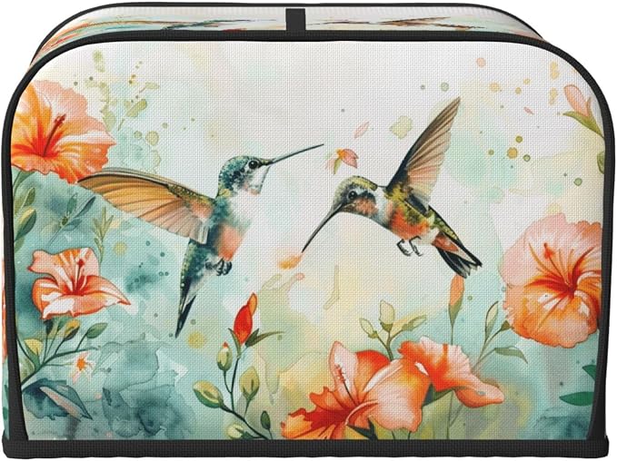 4 Slice Toaster Cover Hummingbird Flower Watercolor Dust Proof Washable Kitchen Appliance Cover with Pocket, Oxford Fabric Countertop Toaster Protector for Standard Toasters Small Appliances