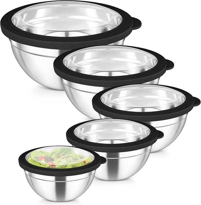 TeamFar Mixing Bowls Set, 4.5/3/1.5/1/0.7 QT Salad Bowl with Lids, Black | Stainless Steel Nesting Bowls with Visible Airtight Lids, For Serving/ Mixing/ Storing, Non-Toxic & Dishwasher Safe, Set of 5