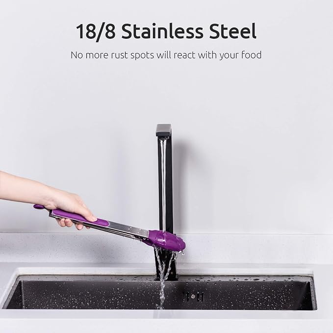 U-Taste Kitchen Tongs for Cooking, 600ºF Heat-Resistant Tps, 3Pcs/Purple | Silicone Tong Set 7/9/12in, Salad/Grill/BBQ Plastic Tongs for Food Serving, Rubber Thong with 18/8 Stainless Steel Handle