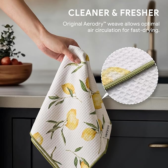 RECYCO Waffle Kitchen Towel Set of 2 - Quick Dry Microfiber Sustainable Dish Towels - Ultra Absorbent Reusable Cleaning Tea Towels - Lightweight Hand Towels,16”x 28”, Lemon Grove