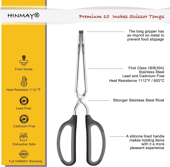 HINMAY Scissor Tongs 10-Inch Stainless Steel Scissor Style Tongs | Black Handle