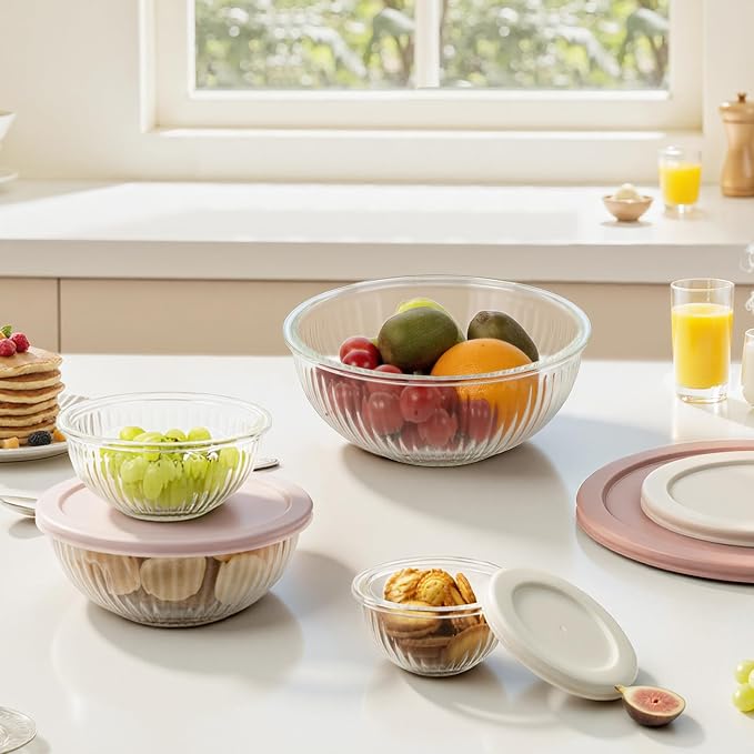 Glass Mixing Bowls with Lids Sets, 4 PCS serving bowls for party or kitchen | For Baking, Meal Prepping and Salad, Bpa Free and Dishwasher and microwave Safe Serving Bowls, 0.2 / 0.5 / 1.1 / 2.1 QT