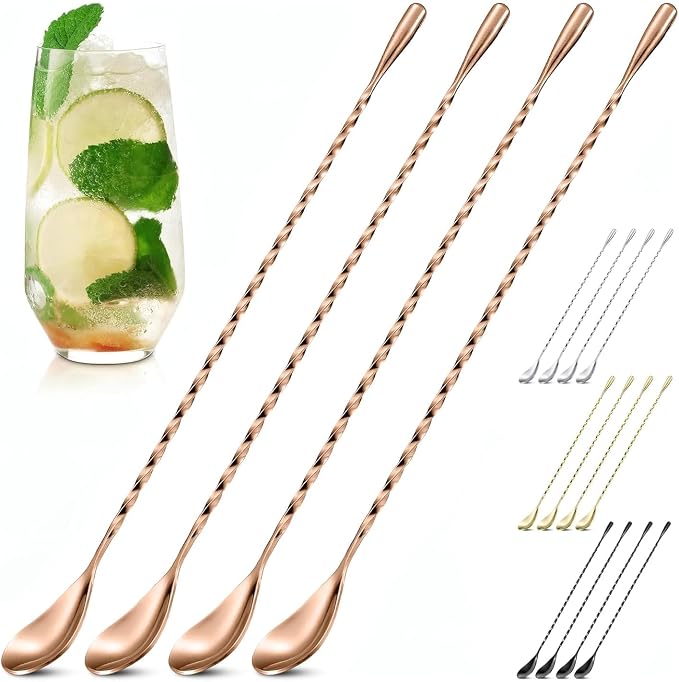 Rose Gold Bar Spoon Set of 4, 12 In, Stainless Steel, Spiral-Pattern Stem | Bar Spoons Cocktail Mixing Spoon Set; Dishwasher Safe, Rust-Resistant; for Cocktails, Iced Tea, Iced Latte; Sugar Spoon