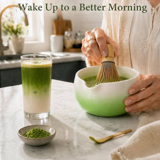 Matcha Whisk Set, Ceramic Matcha Set Includes Bowl & Holder, Bamboo Whisk (Chasen), Scoop, Spoon and Sifter, 6PCS Matcha Kit Covers Everything Needed for Making Matcha (Green)